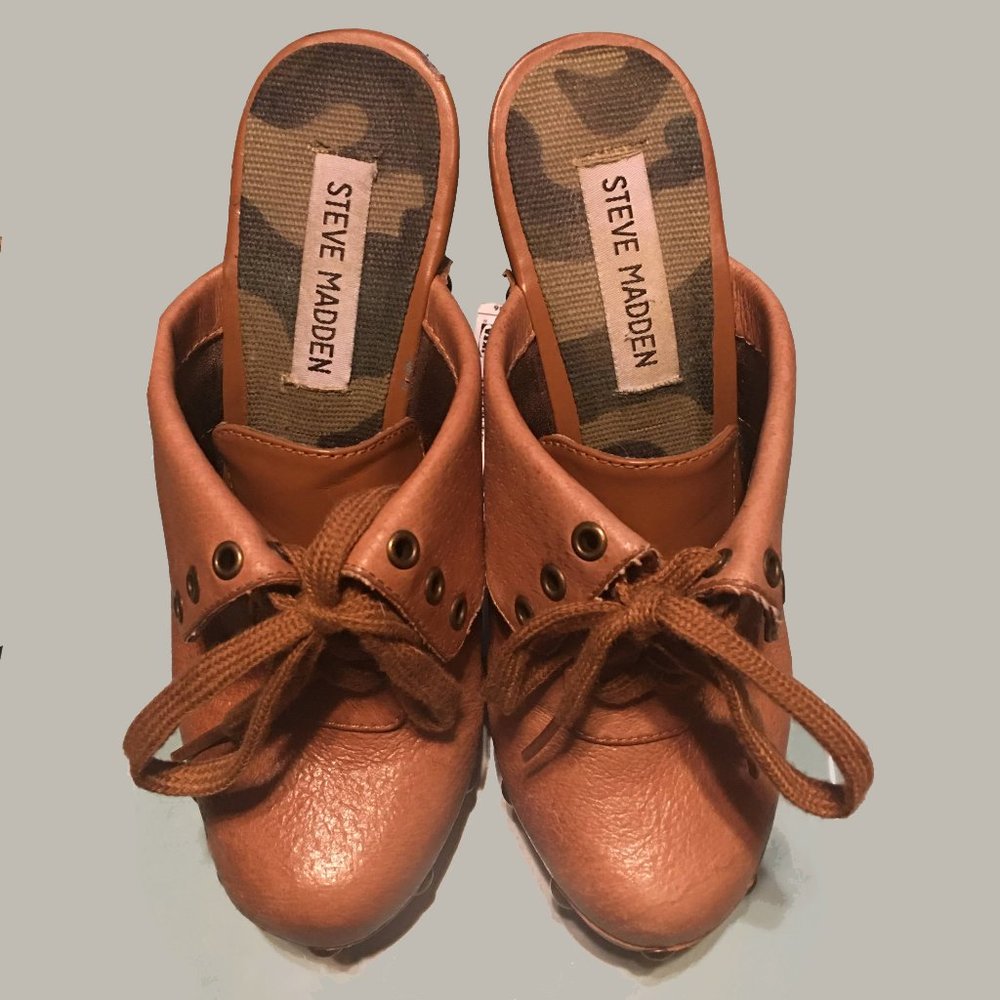 Steve Madden Tan Cognac Studded Lace up Leather Clog Mule Platform Heels Size 6